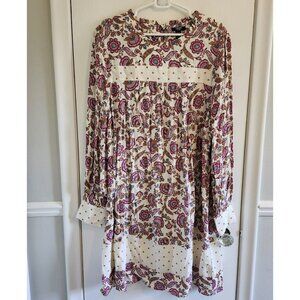 New CHAPS Women's XL Babydoll Long Sleeve Dress Cream Pink Floral Paisley Dot